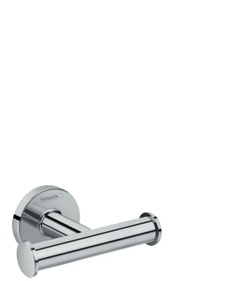 Handtuchhaken aus verchromtem Metall, an einer runden Wandplatte montiert. Das Design ist schlicht und funktional, hergestellt von Hansgrohe.